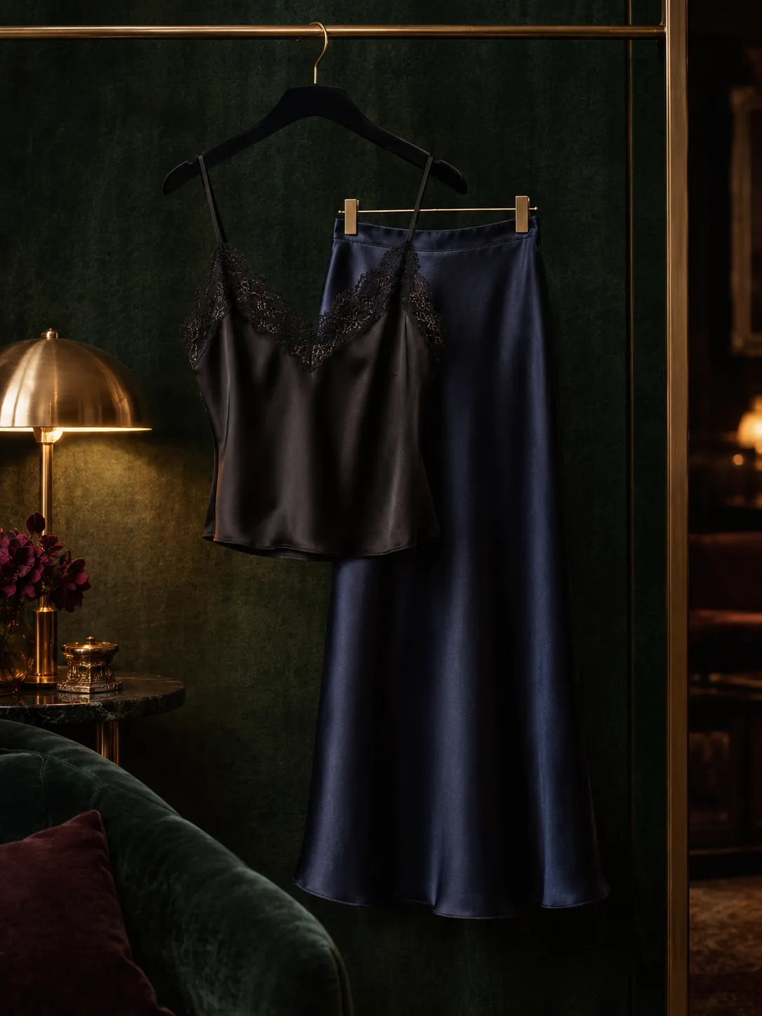 Black lace-trim cami, midnight navy side-split skirt