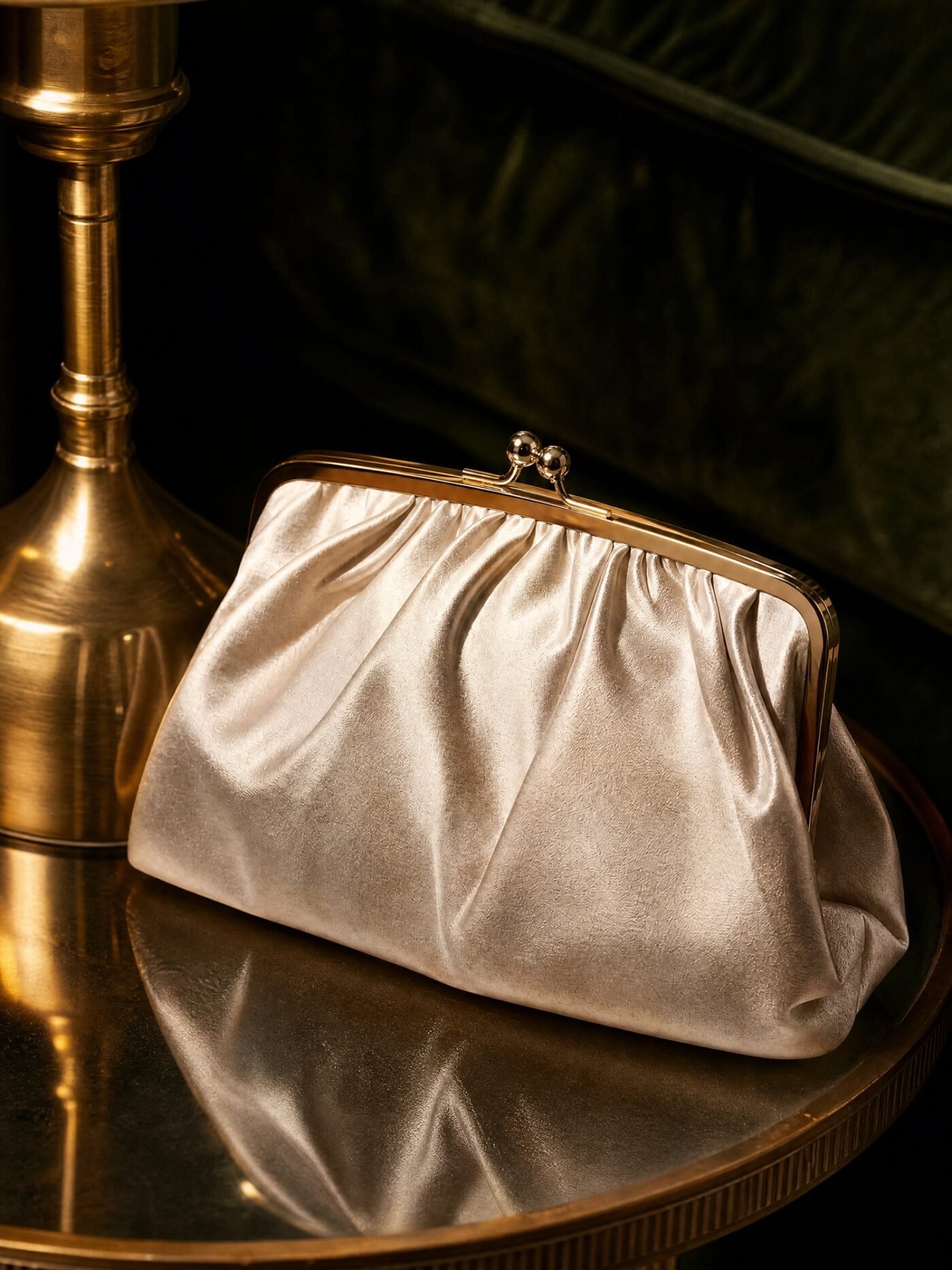 Gathered Satin Pouch Clutch in Champagne, detail