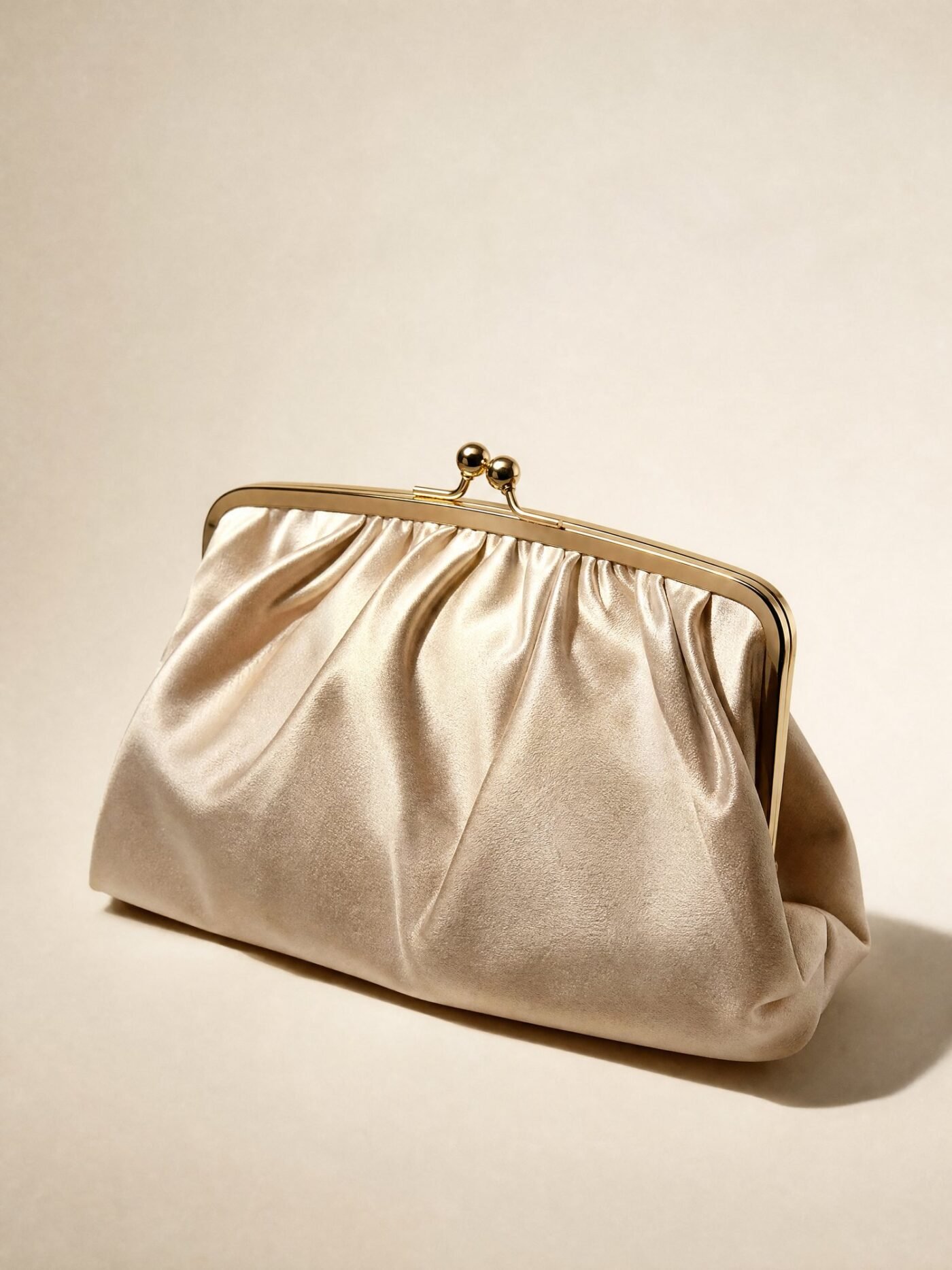 Gathered Satin Pouch Clutch in Champagne