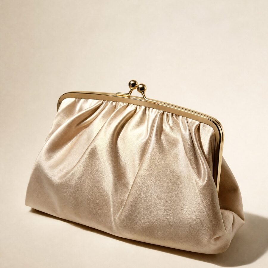 Gathered Satin Pouch Clutch in Champagne