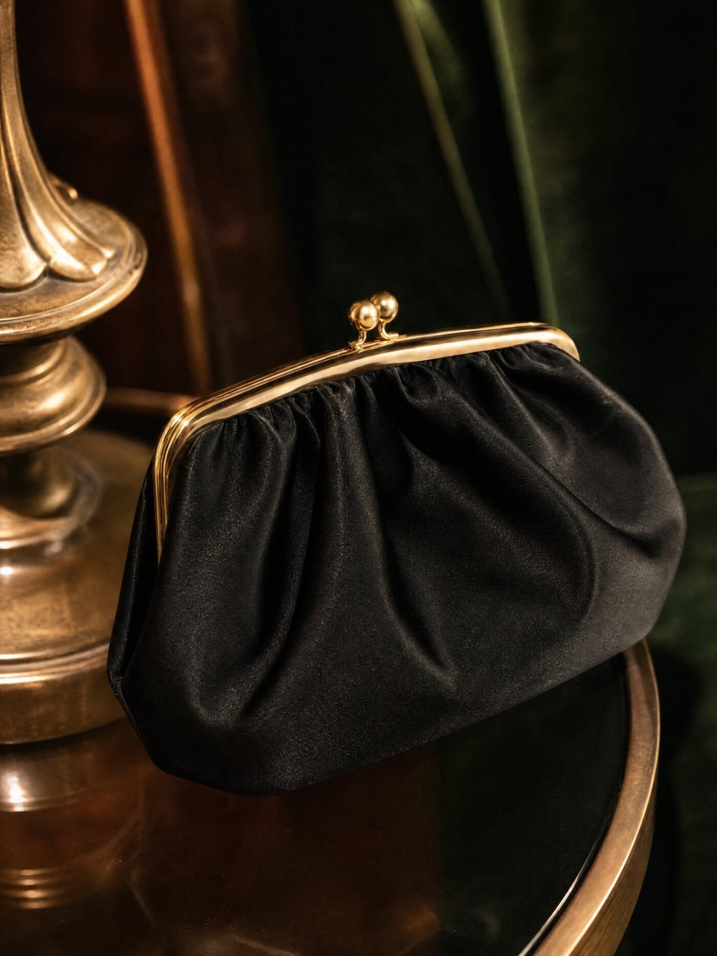 Gathered Satin Pouch Clutch in Ink Black, detail