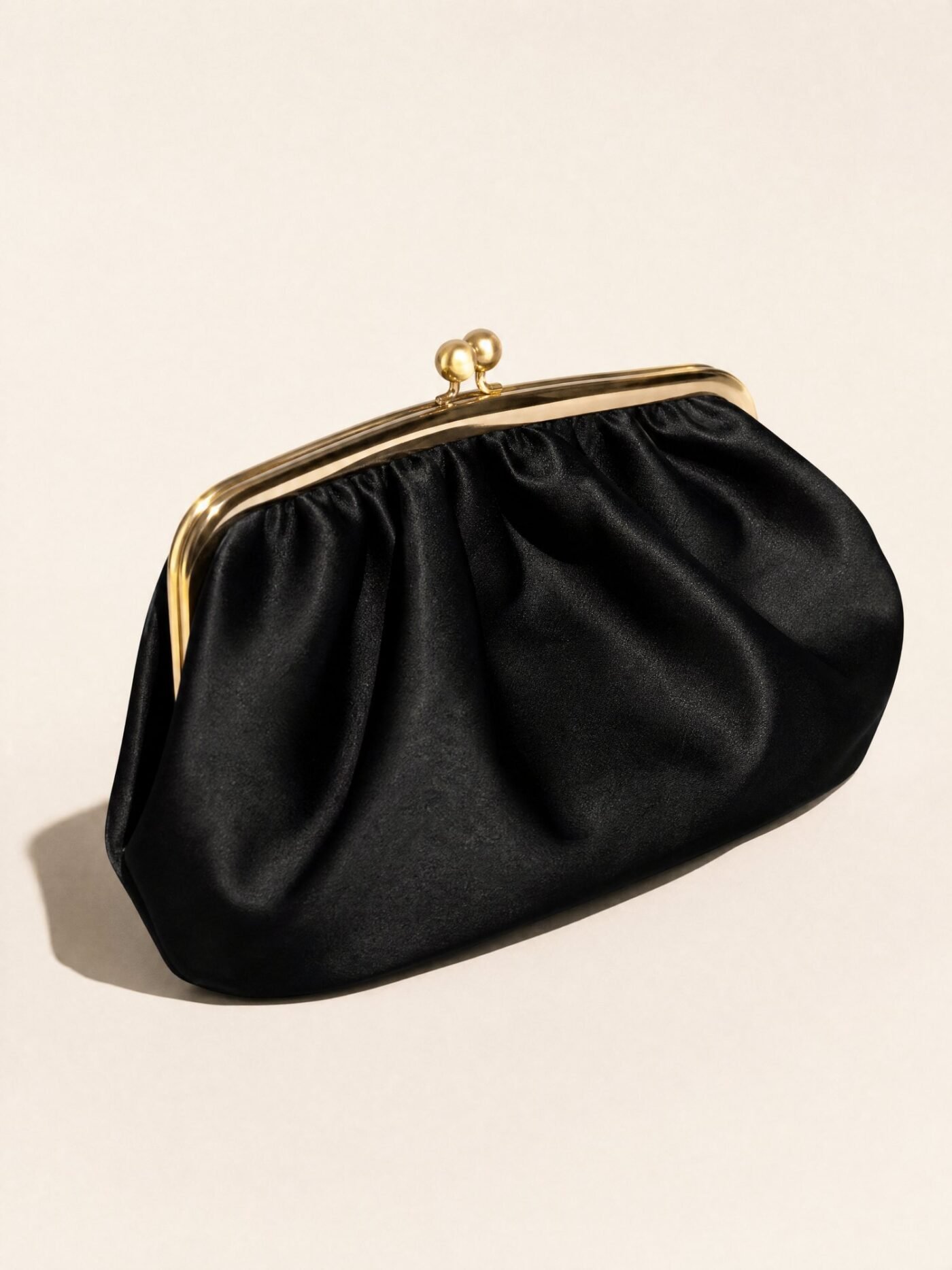 Gathered Satin Pouch Clutch in Ink Black