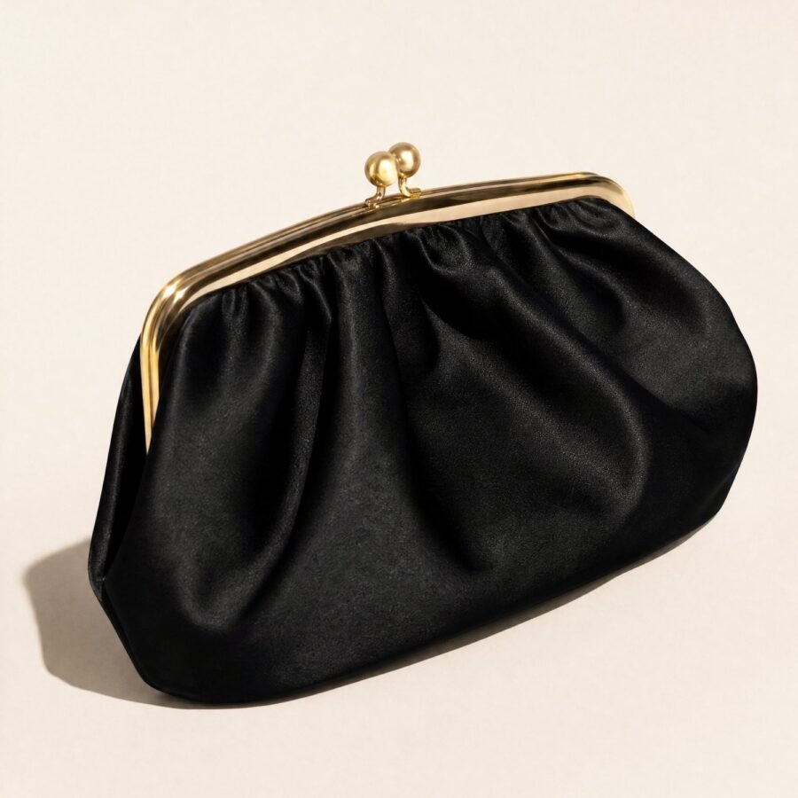 Gathered Satin Pouch Clutch in Ink Black