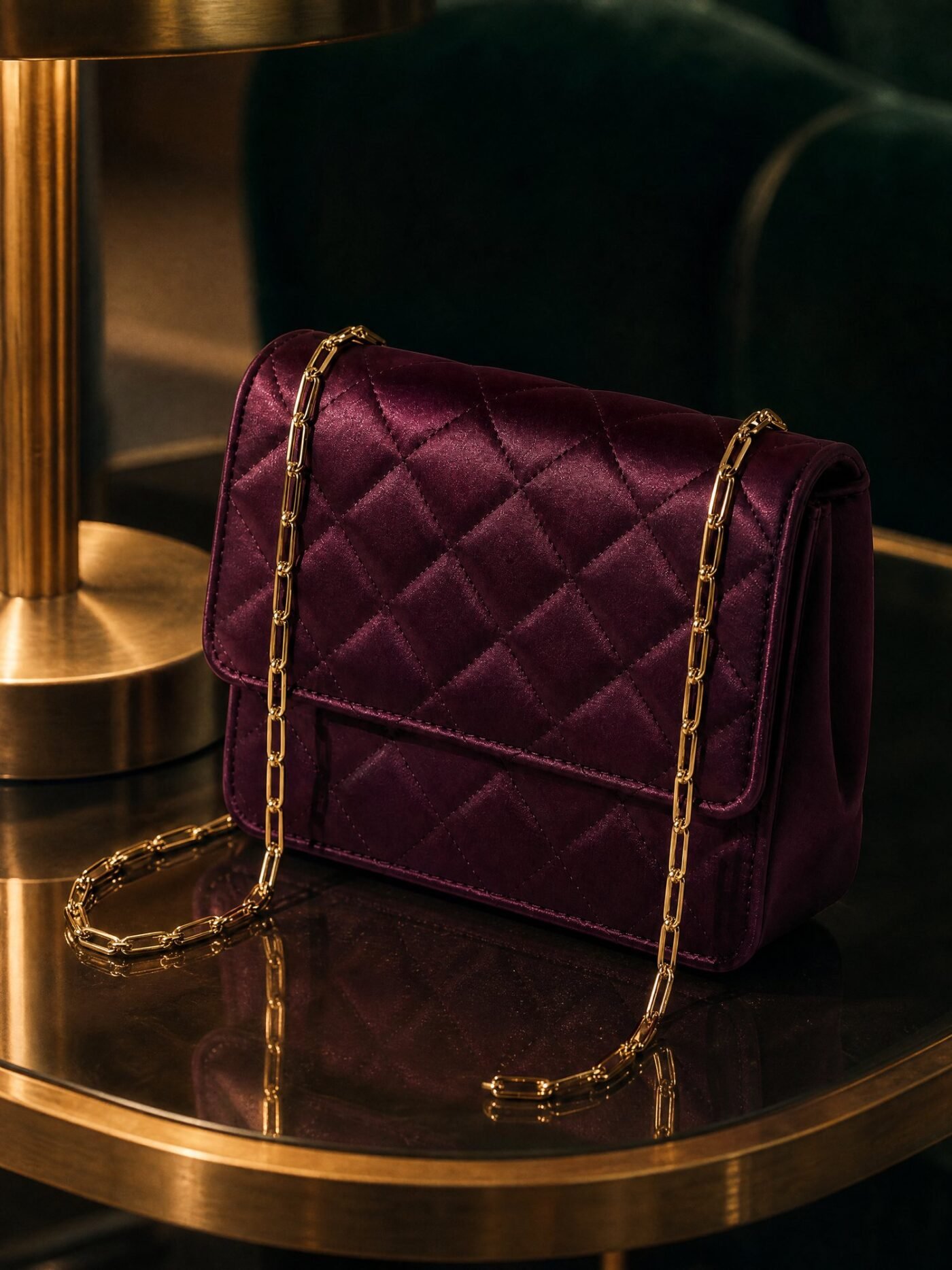 Chain-Strap Satin Evening Bag in Plum, detail