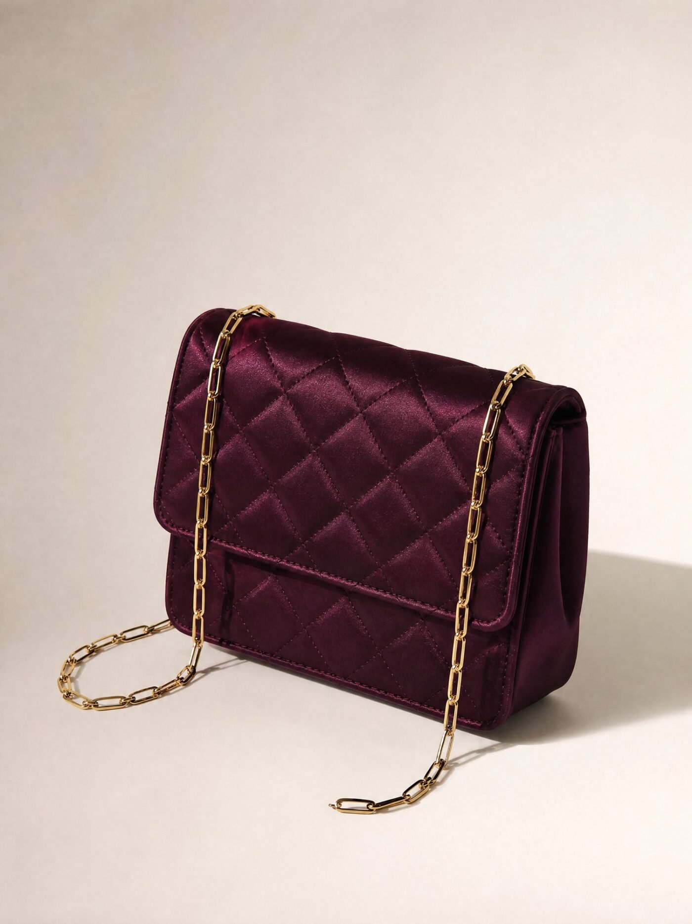 Chain-Strap Satin Evening Bag in Plum