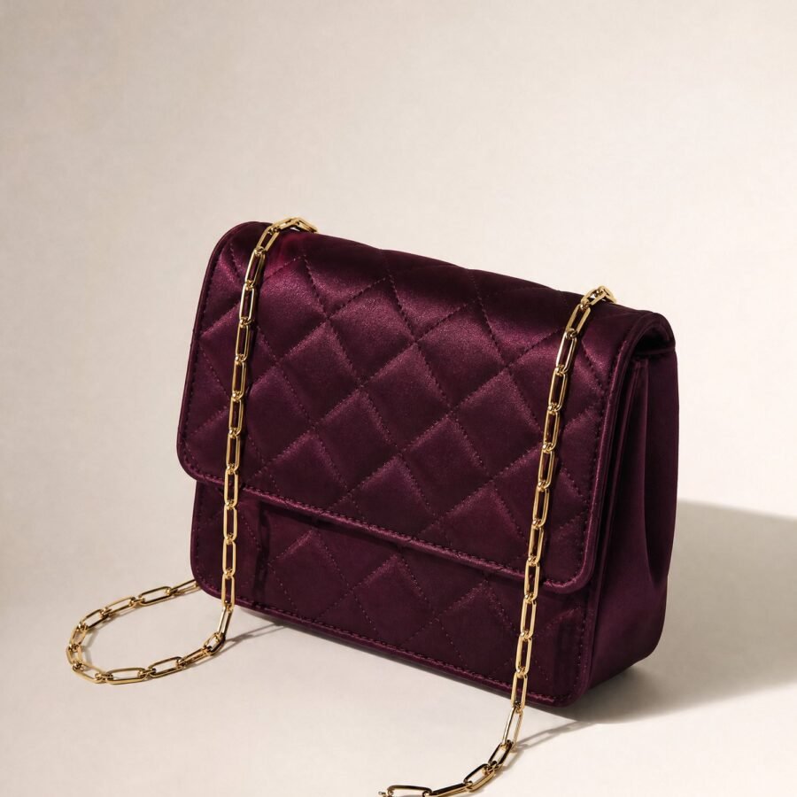 Chain-Strap Satin Evening Bag in Plum