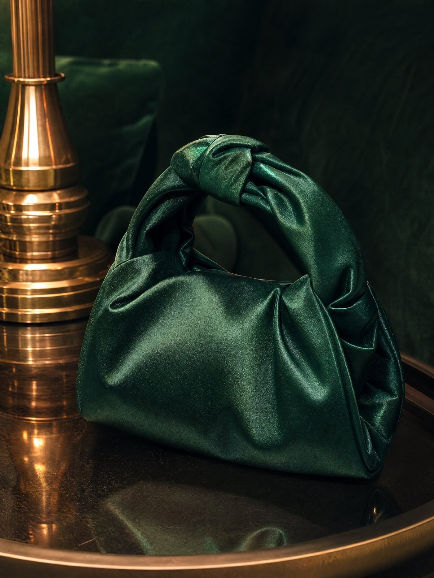 Knot-Handle Satin Clutch in Emerald, detail
