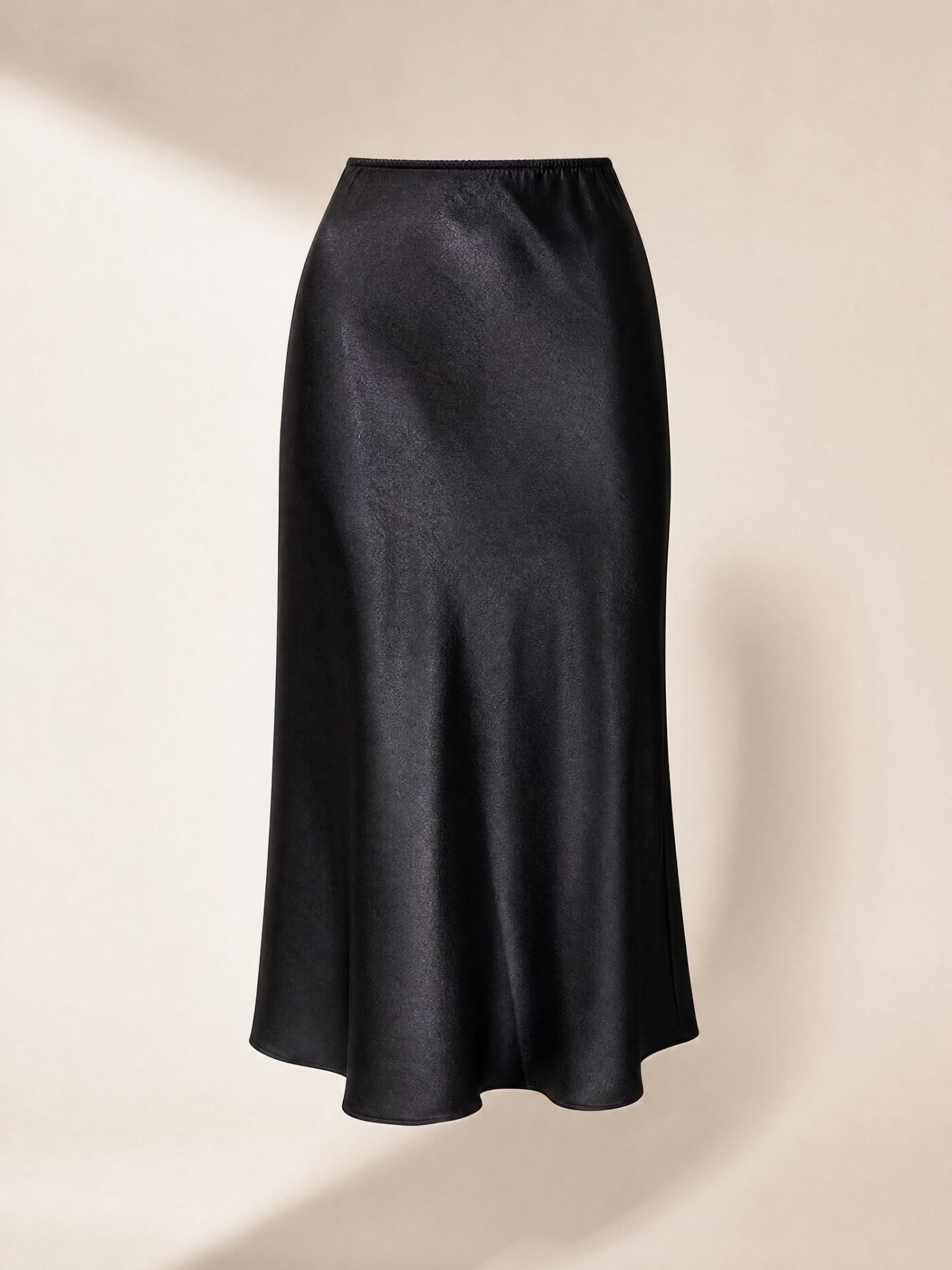 Bias-Cut Satin Midi Skirt in Ink Black