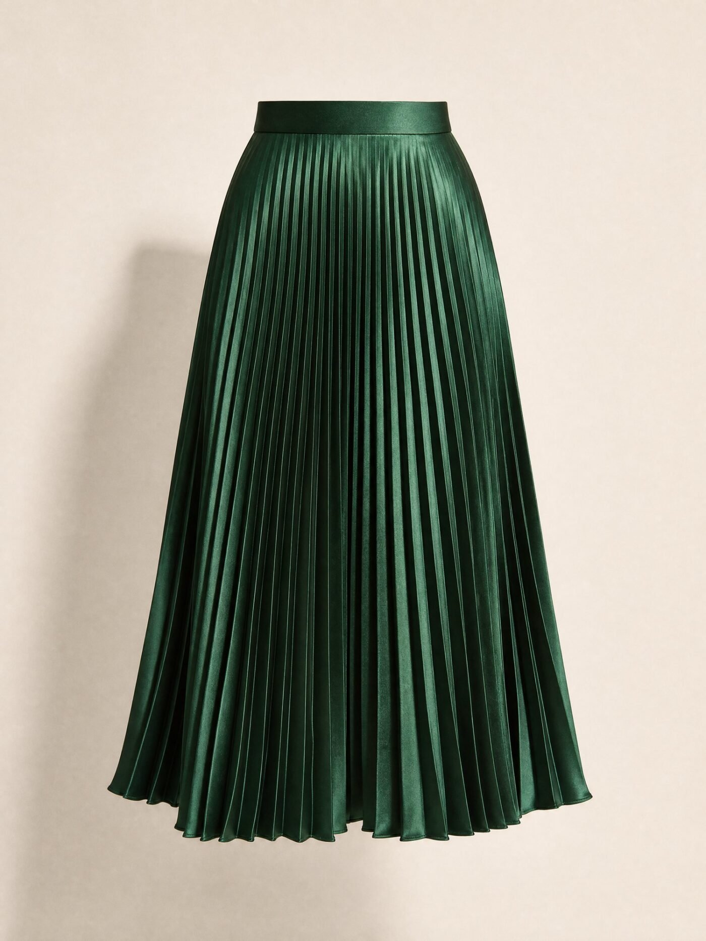 Pleated Satin Midi Skirt in Emerald