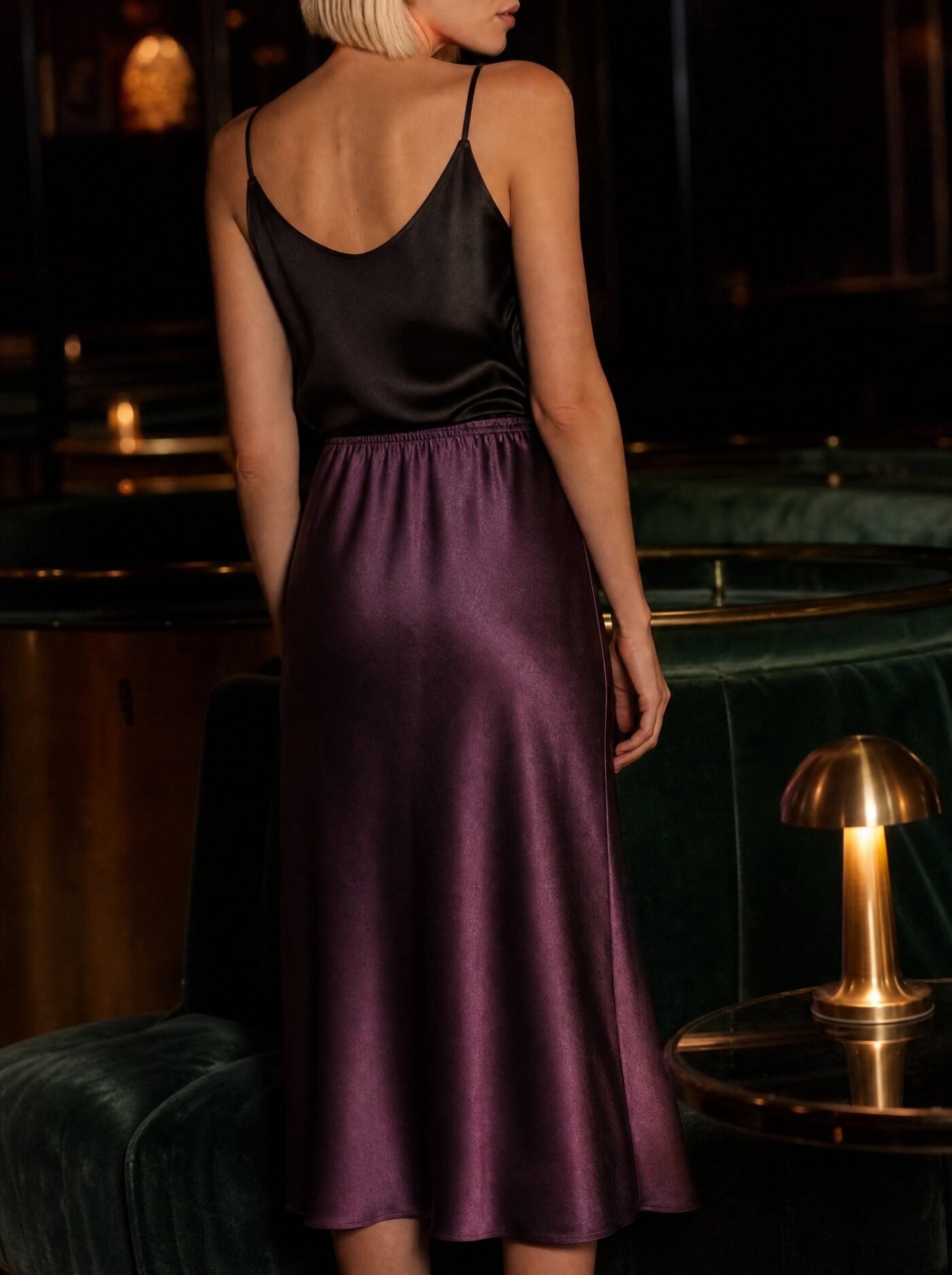 Slip Satin Midi Skirt in Plum, worn