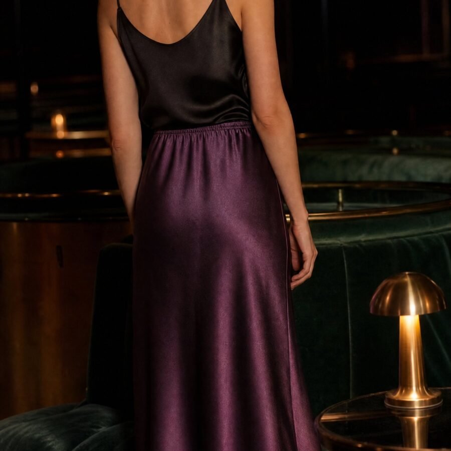 Slip Satin Midi Skirt in Plum, worn