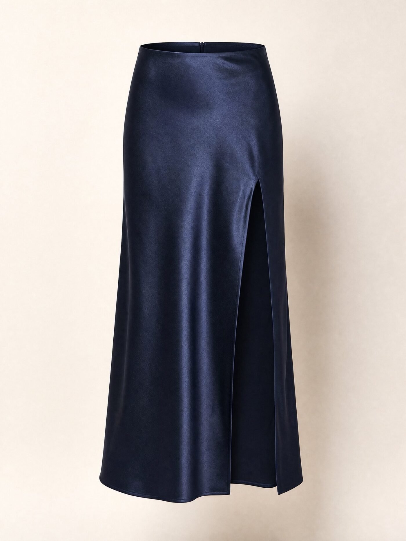 Side-Split Satin Midi Skirt in Midnight Navy