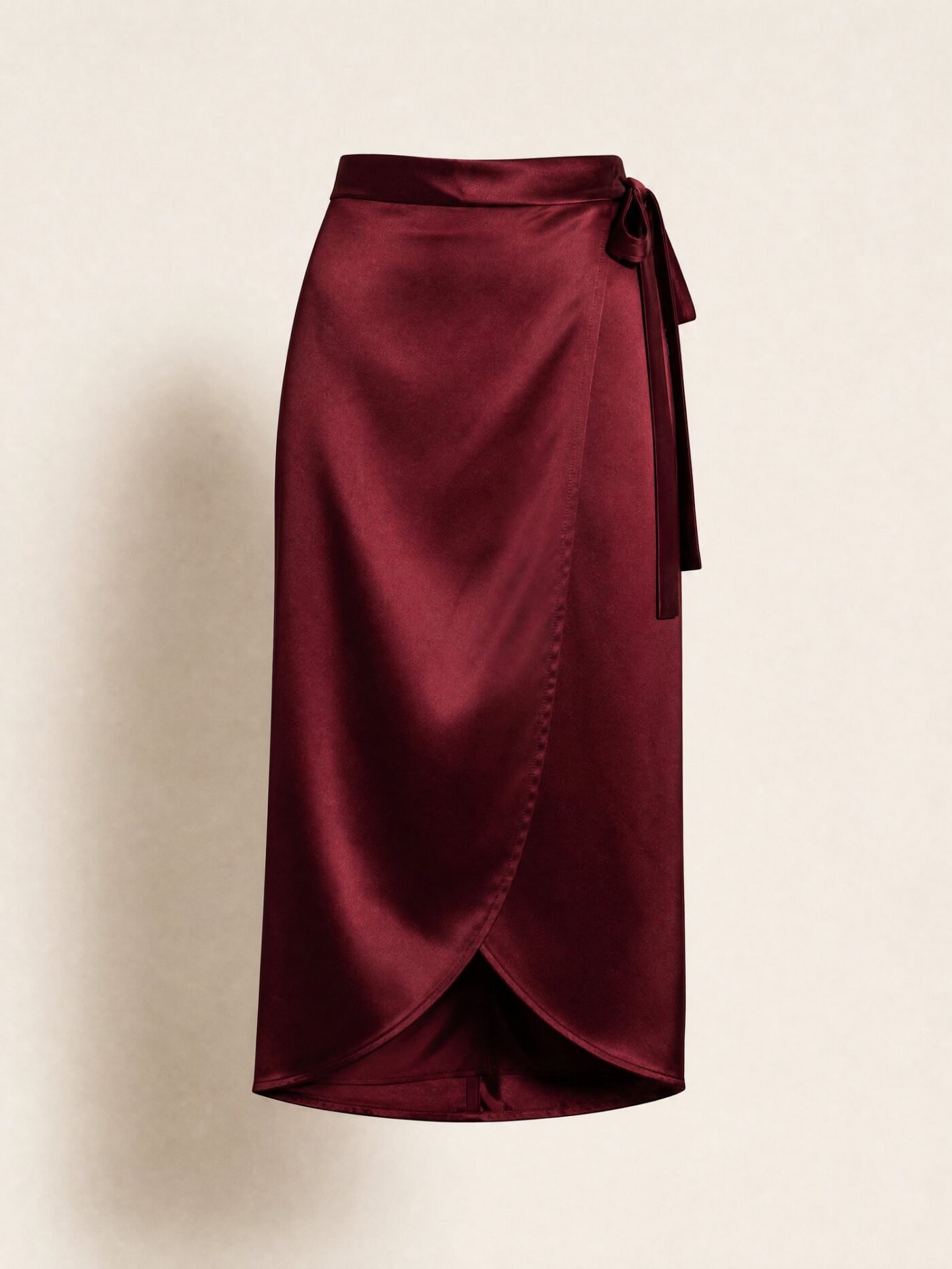 Wrap-Front Satin Midi Skirt in Oxblood