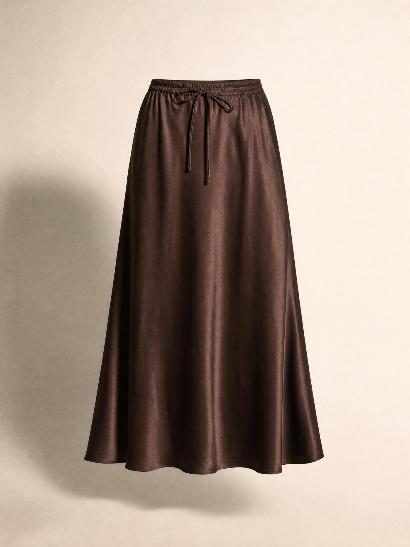 Drawstring-Waist Satin Midi Skirt in Cocoa