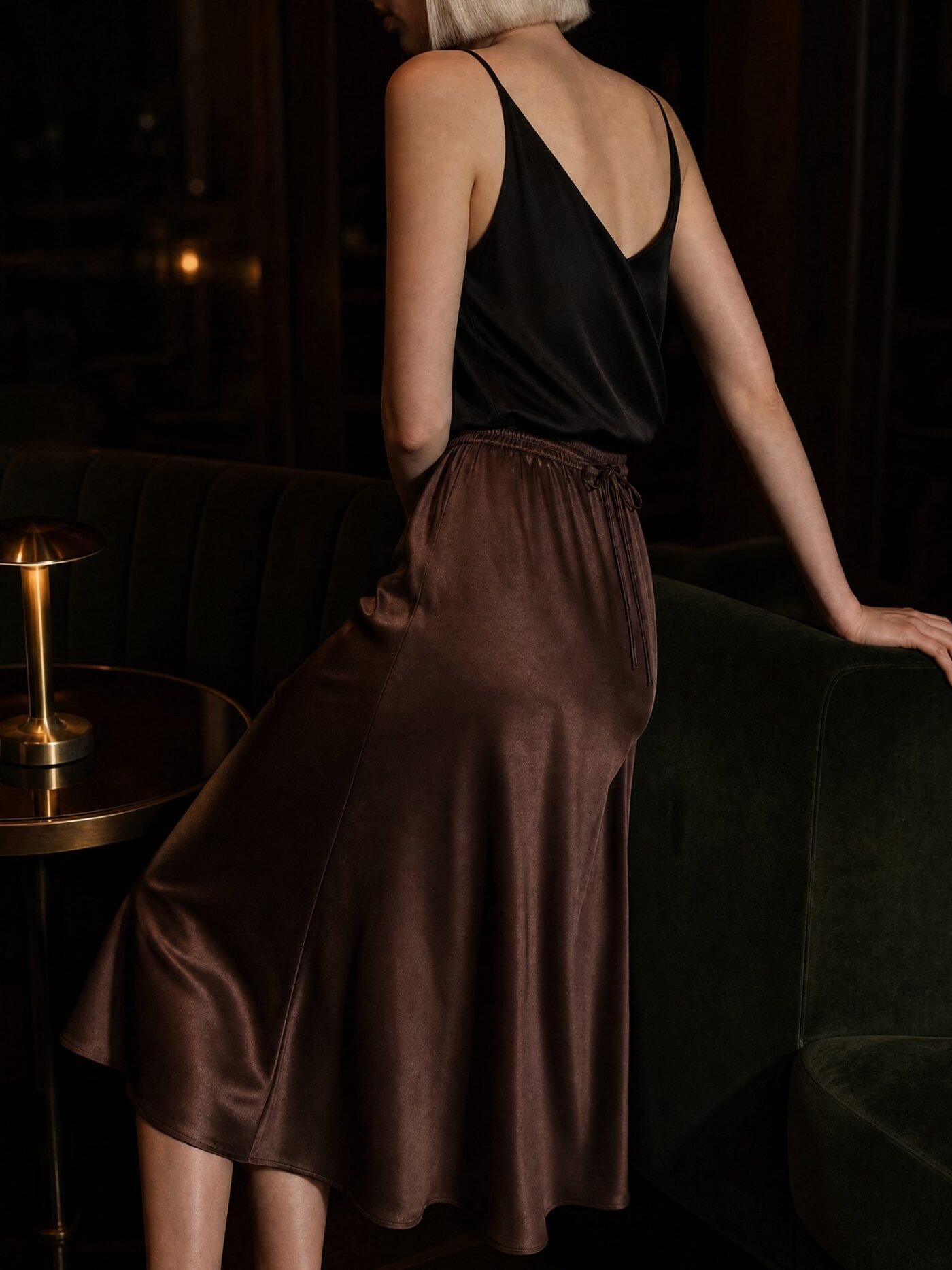 Drawstring-Waist Satin Midi Skirt in Cocoa, worn