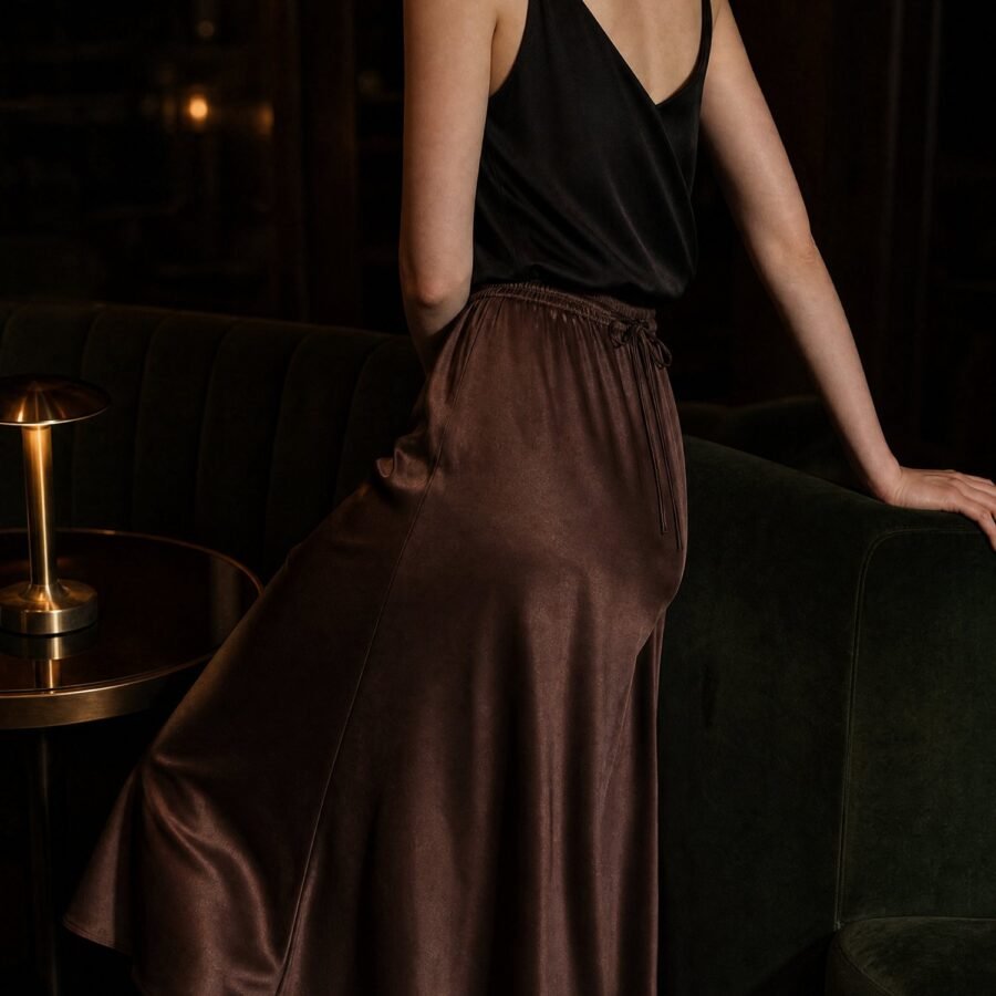 Drawstring-Waist Satin Midi Skirt in Cocoa, worn