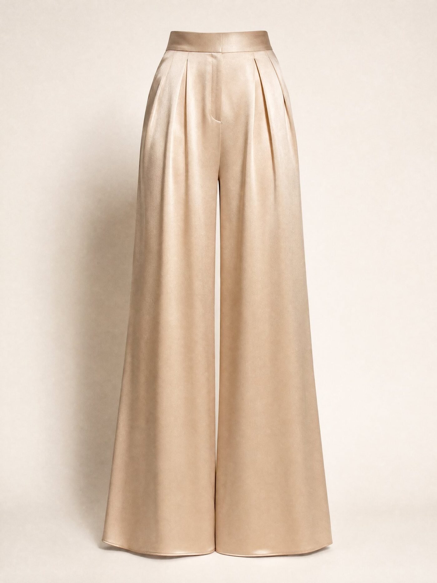 Pleat-Front Satin Palazzo Trousers in Champagne
