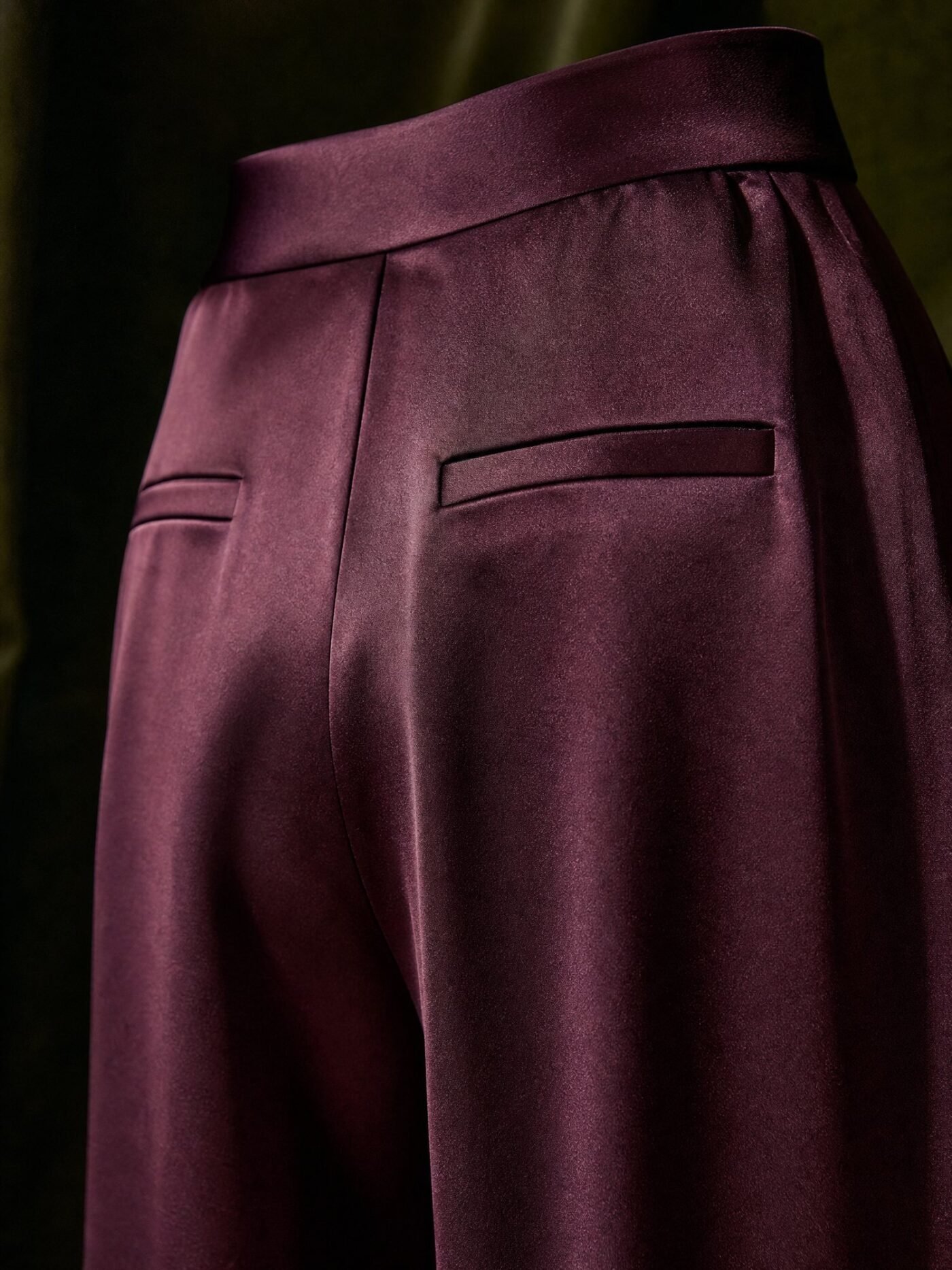 Tailored Satin Wide-Leg Trousers in Plum, detail
