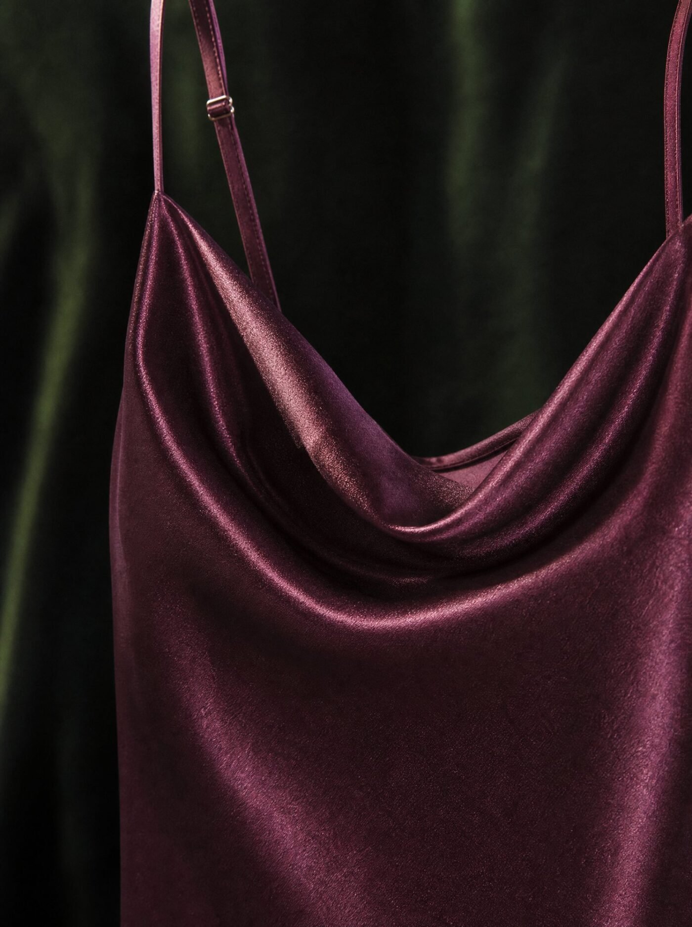 Cowl-Neck Satin Cami in Plum, detail