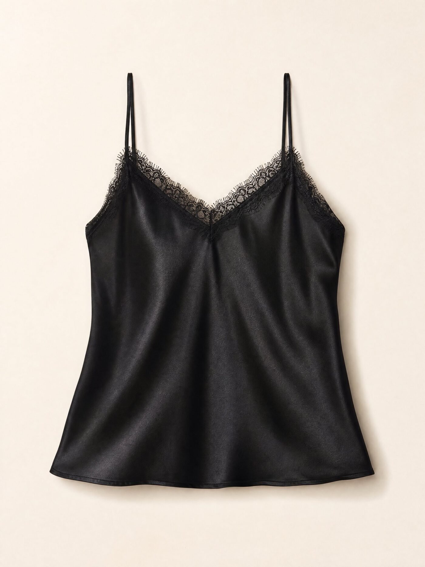 Lace-Trim Satin Cami in Ink Black