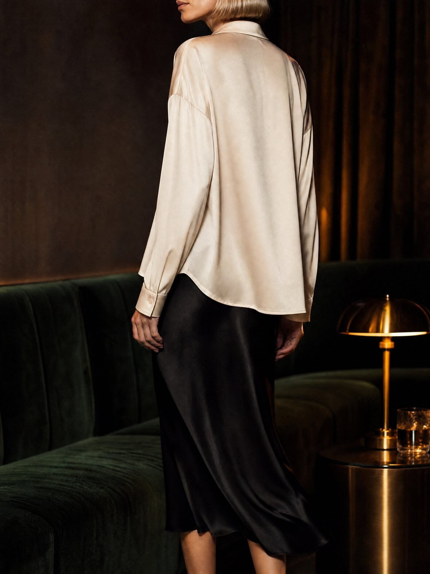 Relaxed Satin Shirt in Ivory, worn