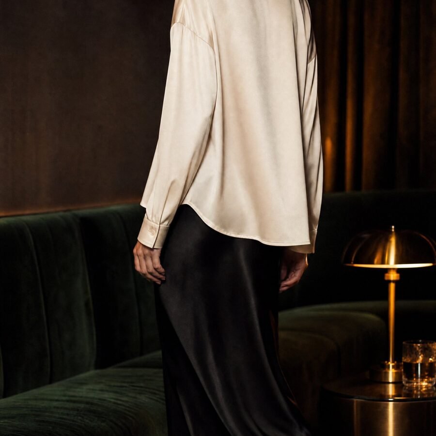 Relaxed Satin Shirt in Ivory, worn