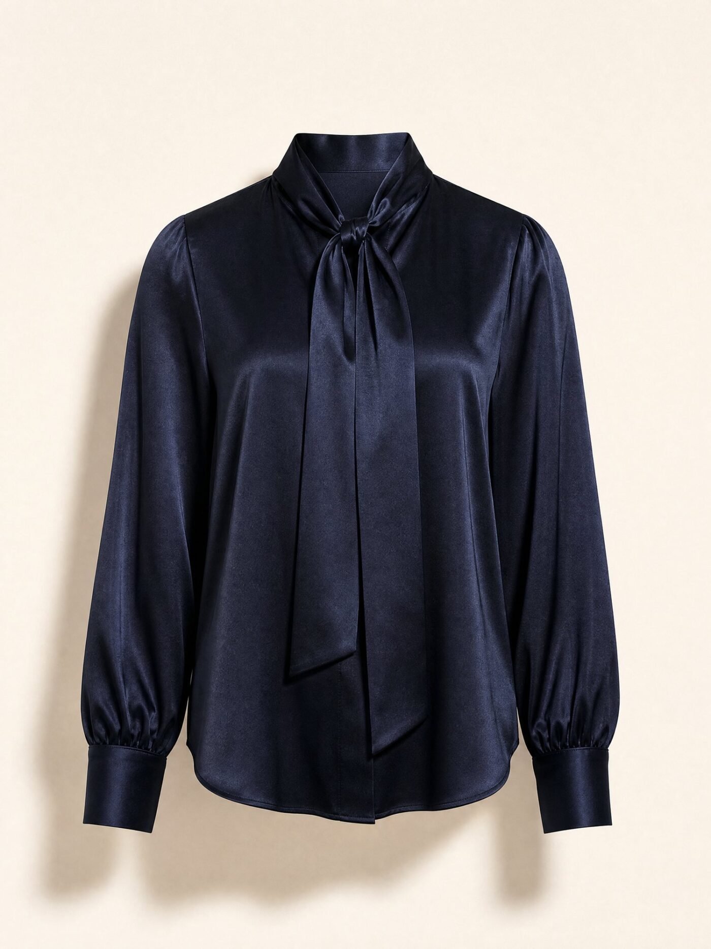 Tie-Neck Satin Blouse in Midnight Navy