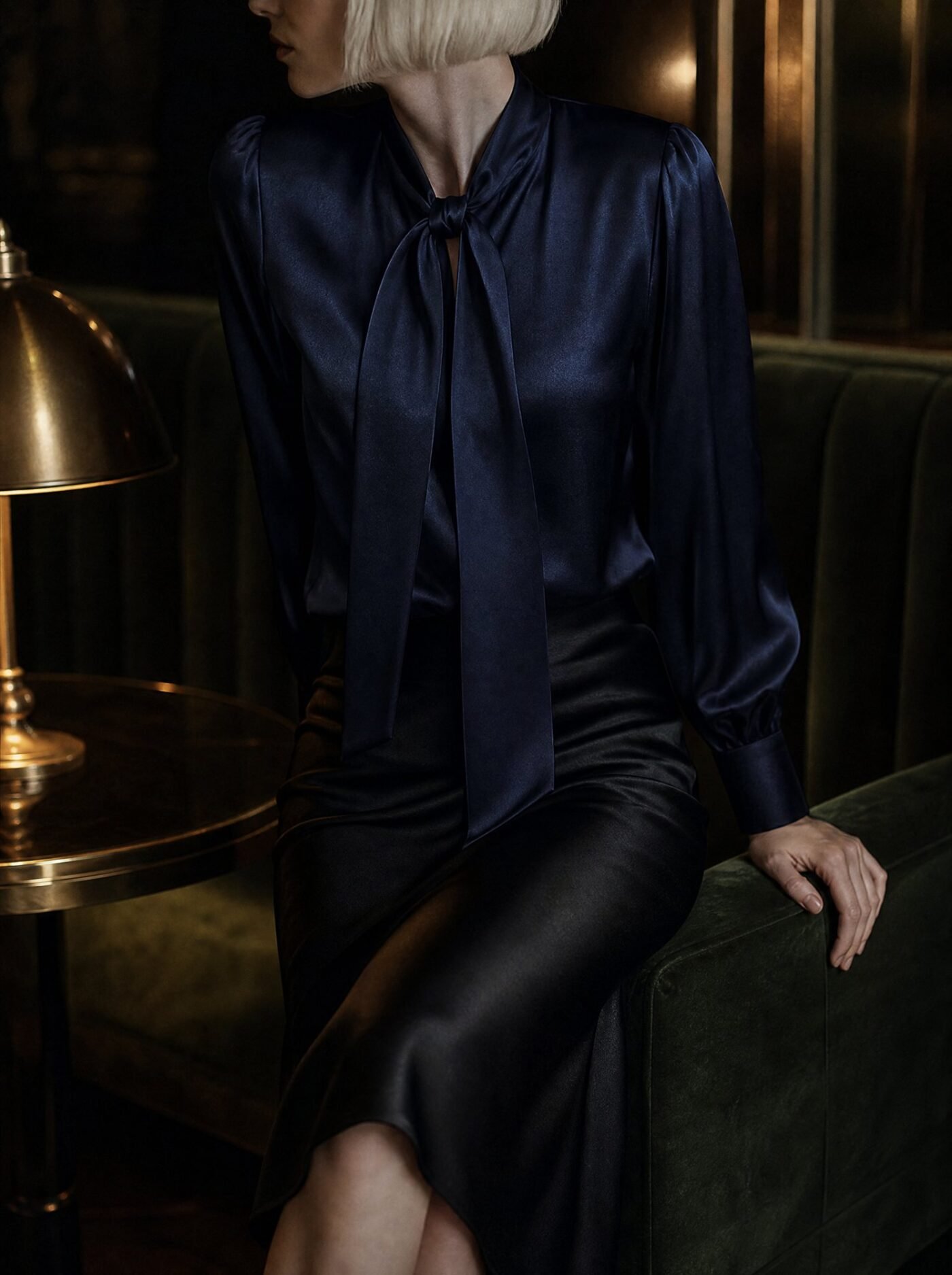 Tie-Neck Satin Blouse in Midnight Navy, worn