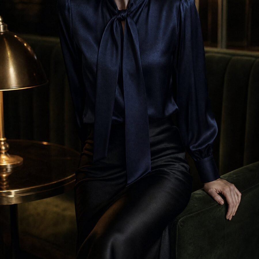 Tie-Neck Satin Blouse in Midnight Navy, worn