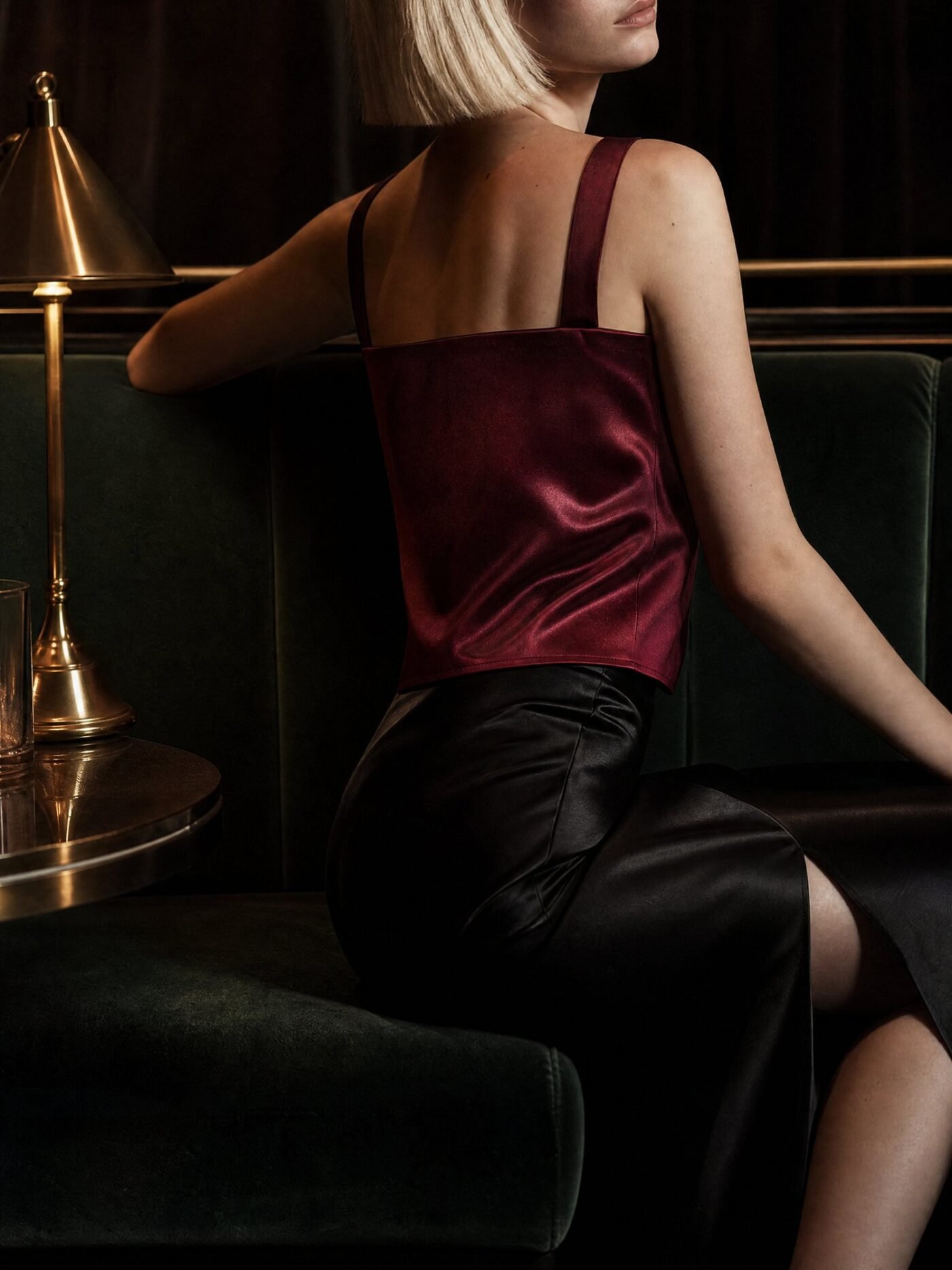 Square-Neck Satin Cami in Oxblood, worn