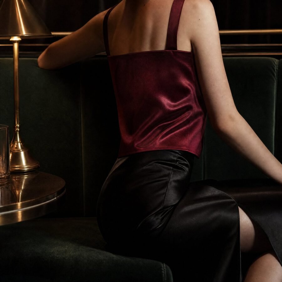 Square-Neck Satin Cami in Oxblood, worn