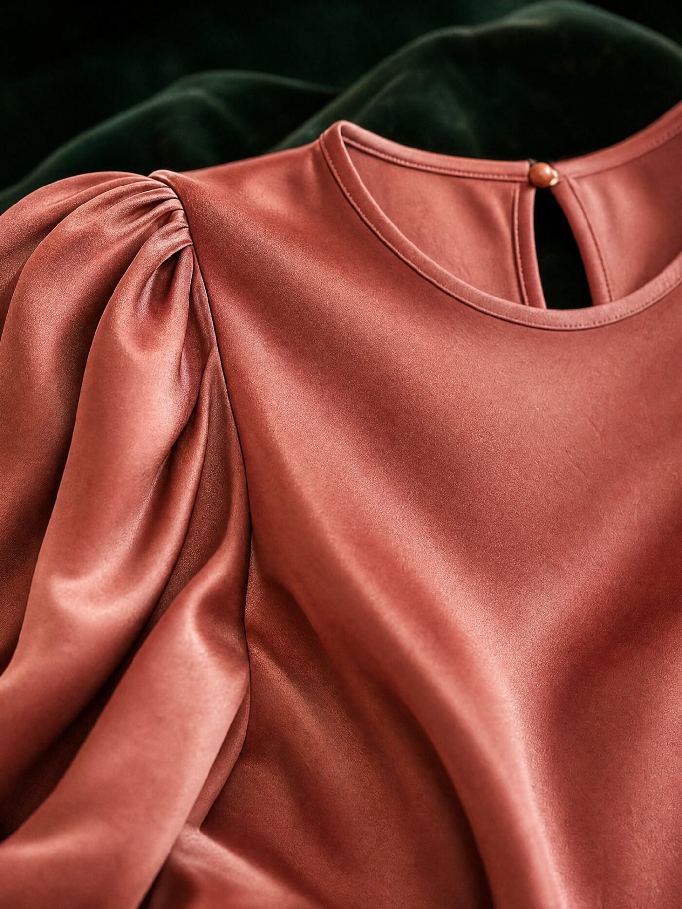 Puff-Sleeve Satin Blouse in Dusty Rose, detail