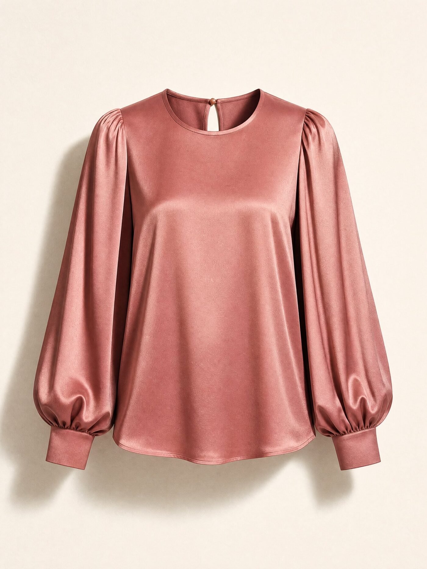 Puff-Sleeve Satin Blouse in Dusty Rose