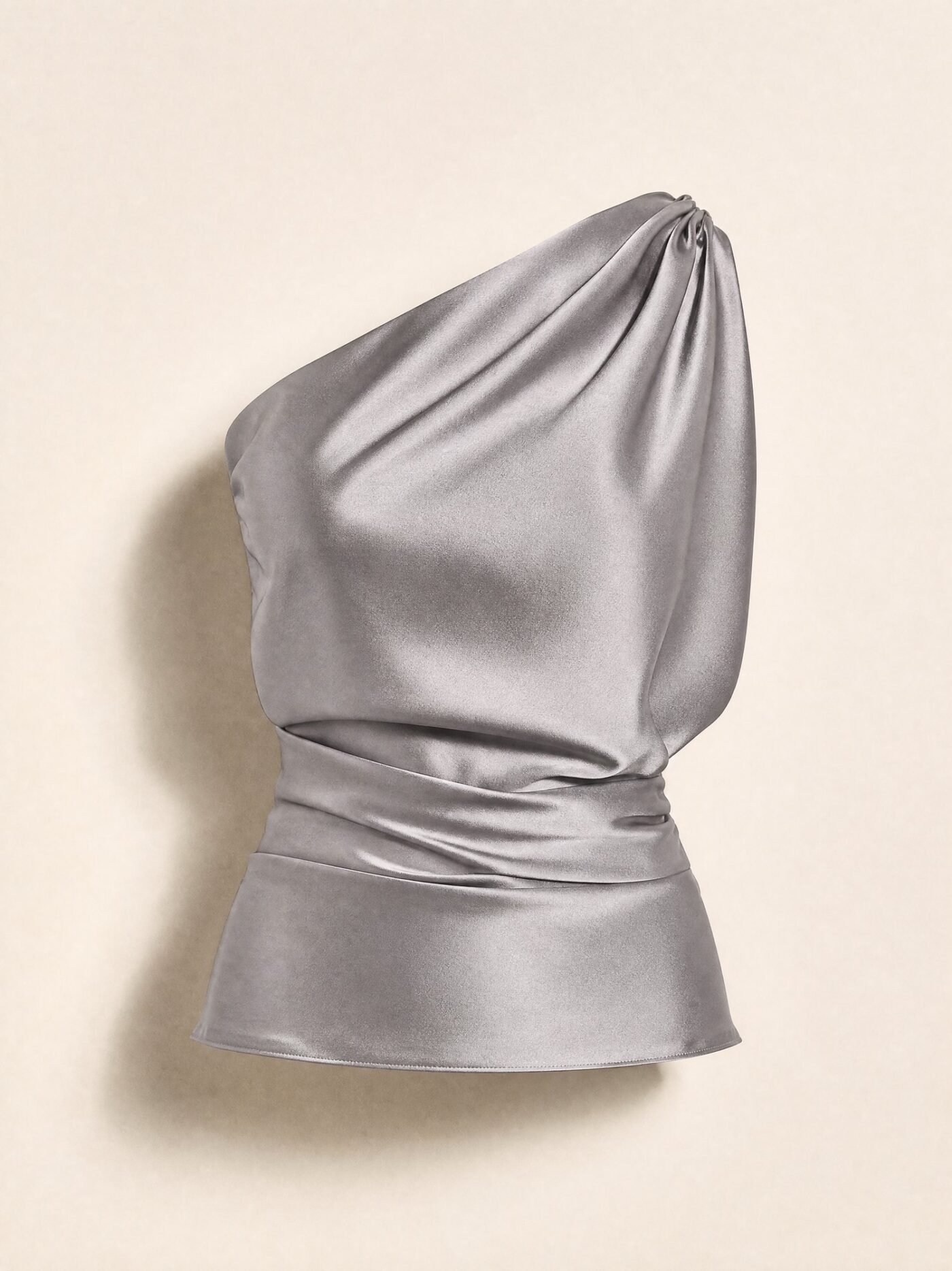 One-Shoulder Satin Top in Silver Grey