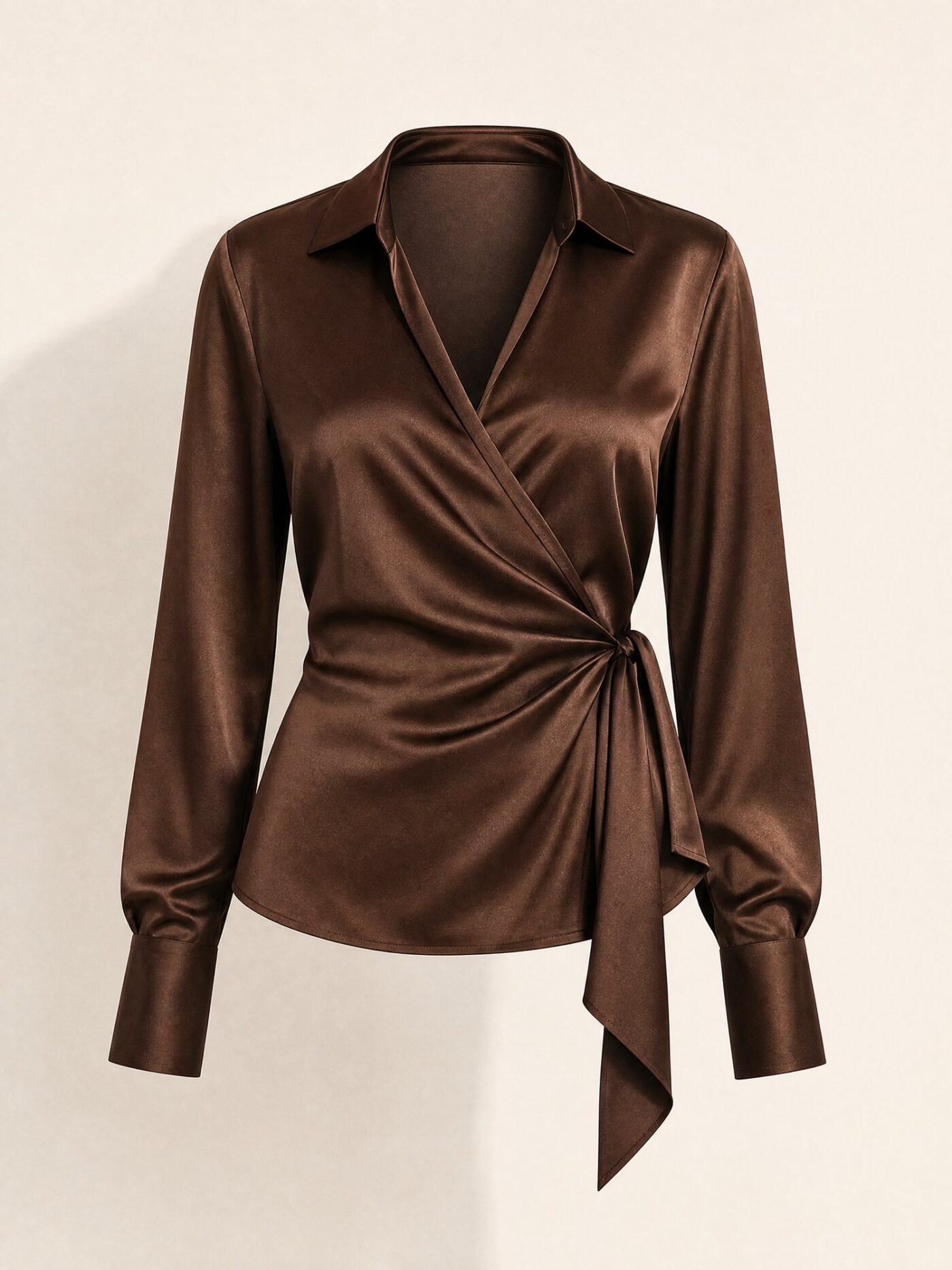 Asymmetric Wrap Satin Blouse in Cocoa