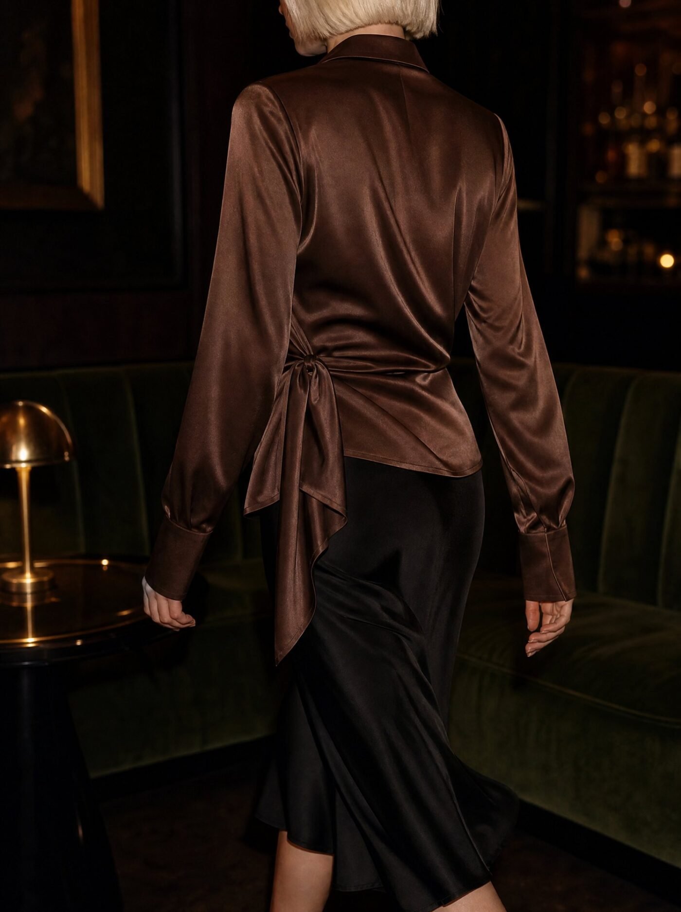 Asymmetric Wrap Satin Blouse in Cocoa, worn