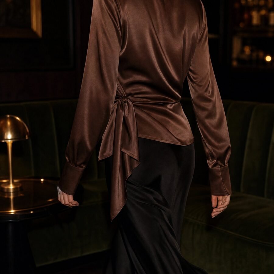 Asymmetric Wrap Satin Blouse in Cocoa, worn