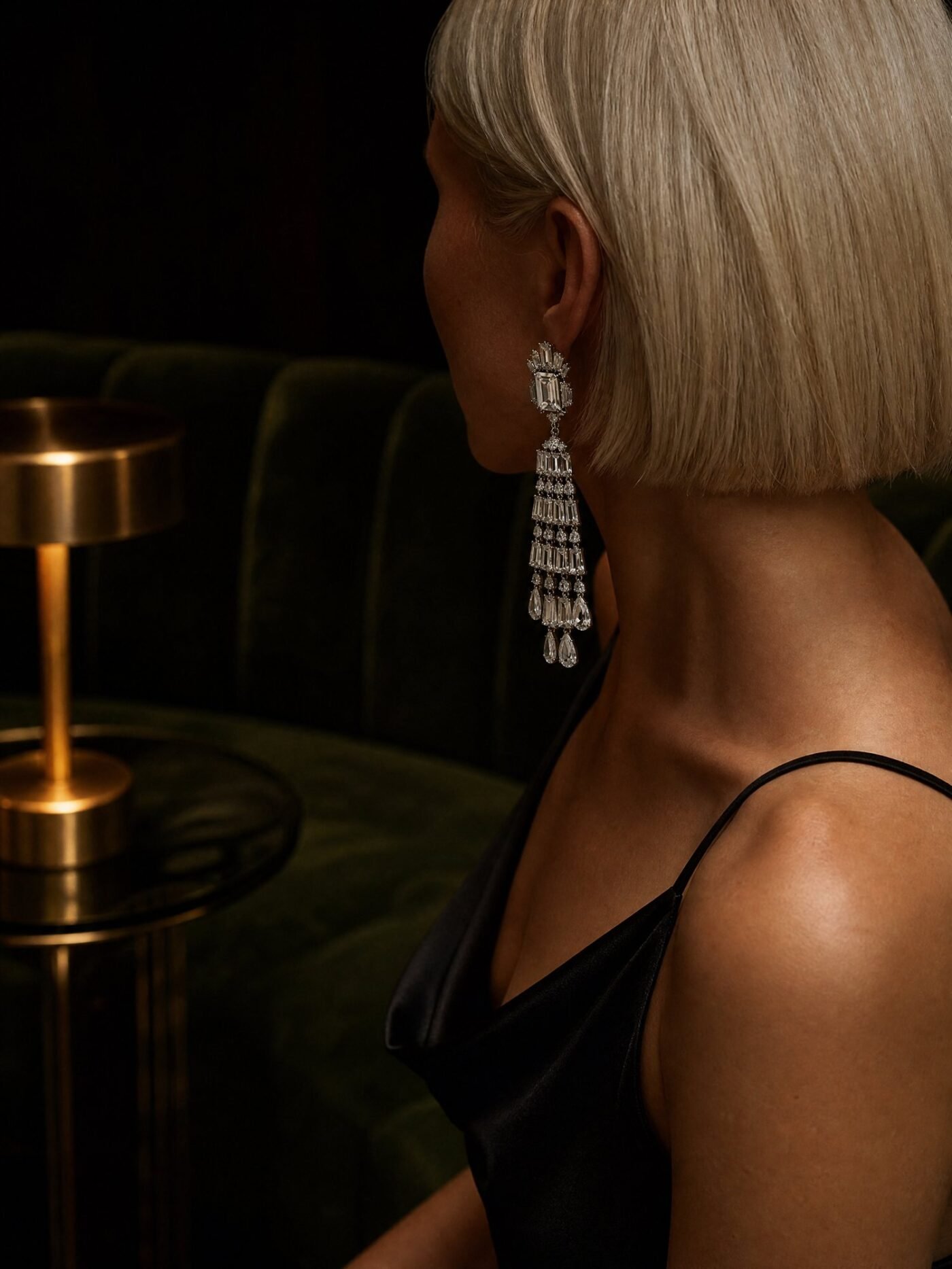 Crystal-Look Chandelier Drop Earrings in Silver-tone, worn