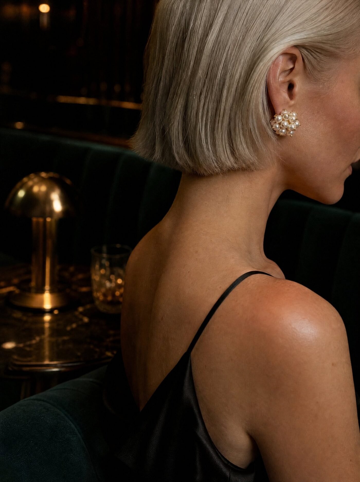 Glass Pearl Cluster Studs in Ivory, worn