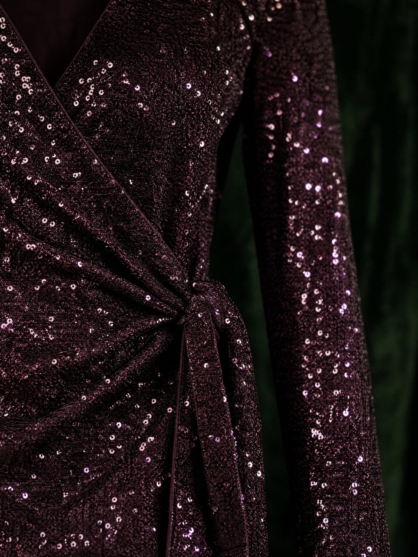 Sequin Wrap Top in Plum, detail